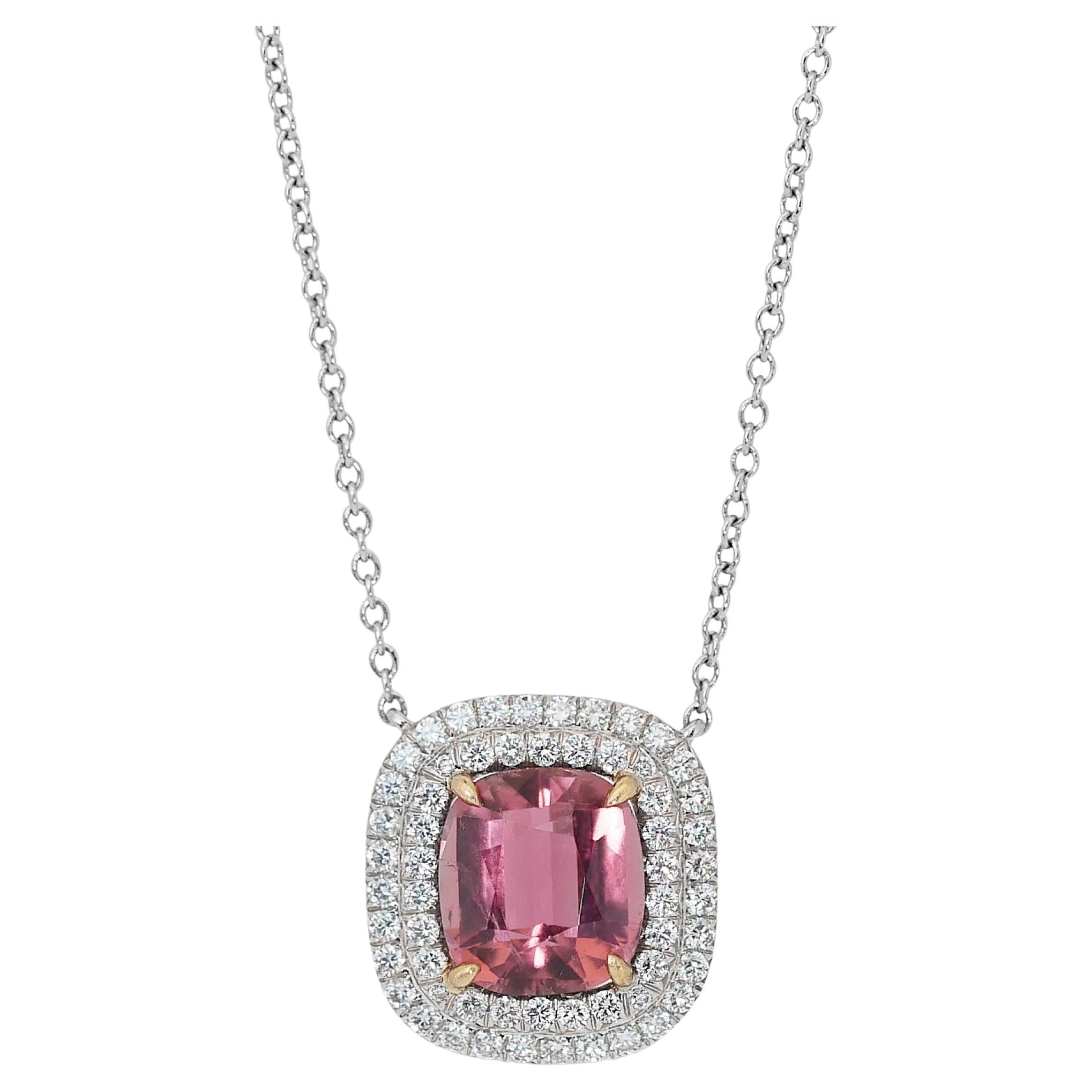 Alluring 2.70ct Tourmaline and Diamonds Halo Necklace in 18k White & Yellow Gold For Sale