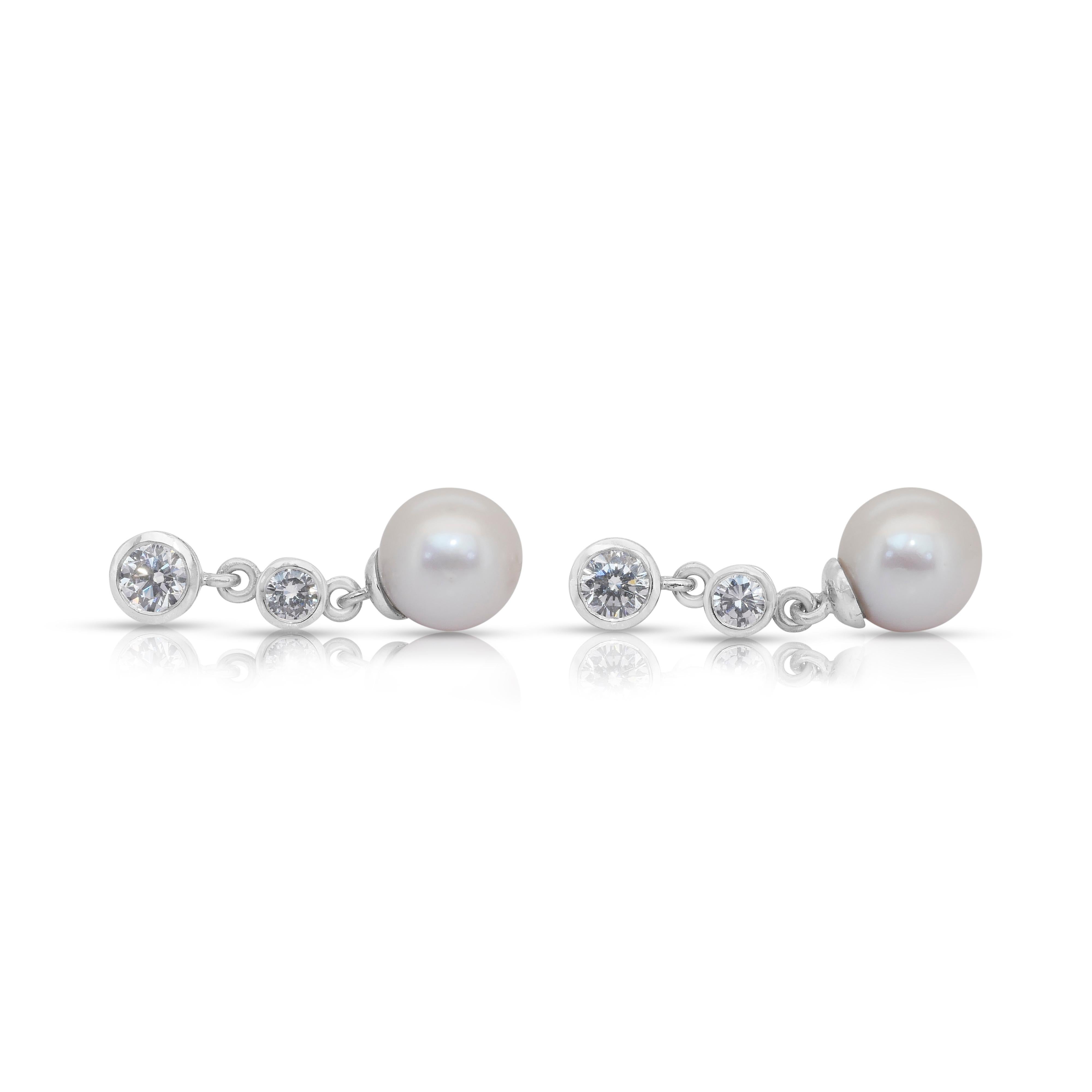 Alluring 9.35ct Fresh Water Cultured Pearls and Diamonds Drop Earrings For Sale 2