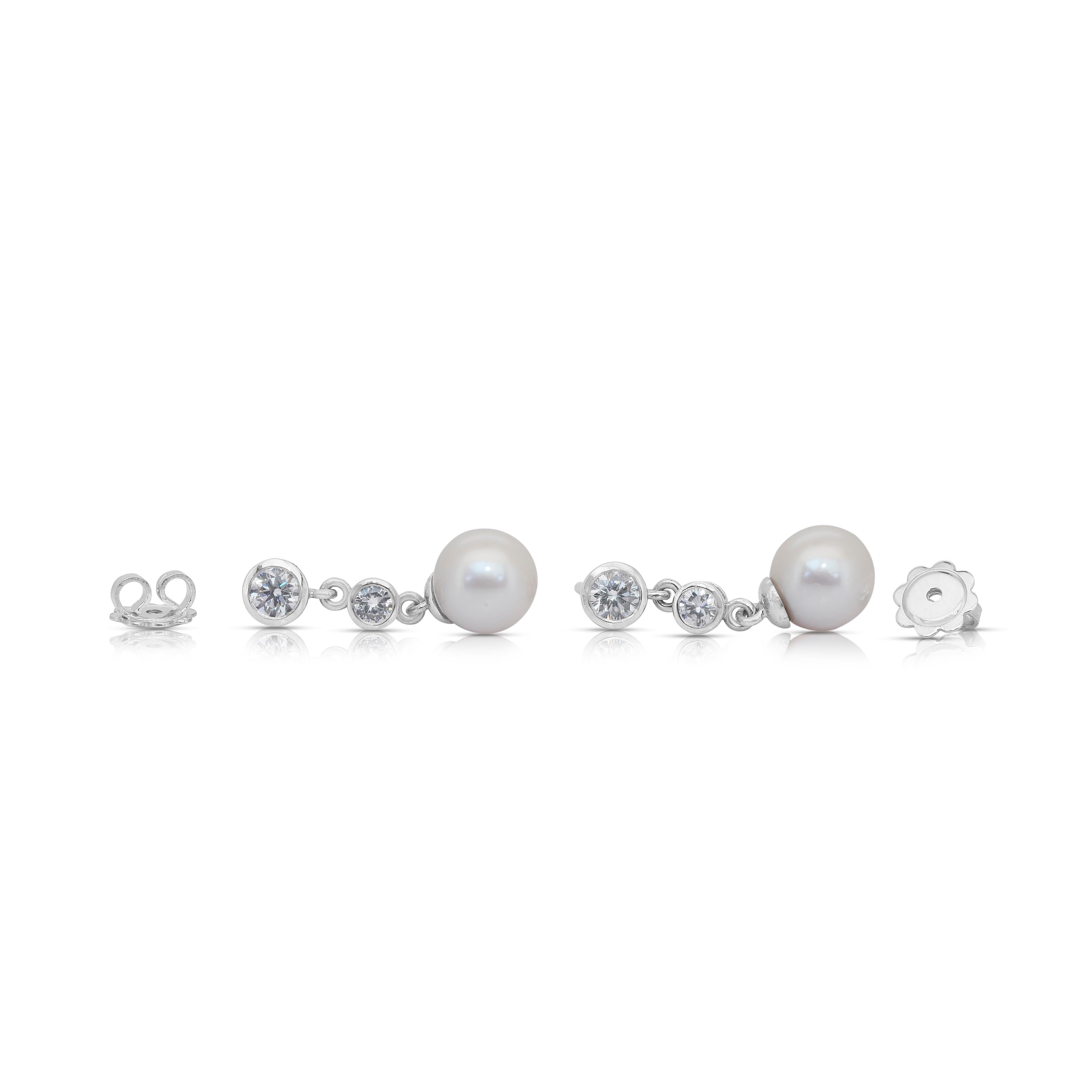 Alluring 9.35ct Fresh Water Cultured Pearls and Diamonds Drop Earrings For Sale 4