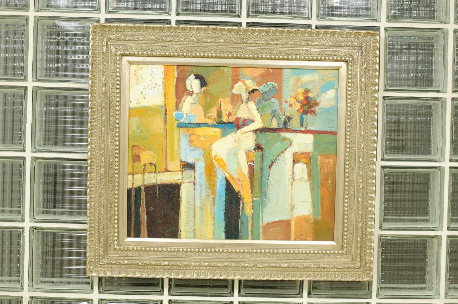 Ein fesselndes Gemälde aus der Zeit des Art déco, um 1930. Die bezaubernde Szene zeigt Damen, die sich einen Cocktail teilen. Fantastische Energie und geschickter Einsatz von Farbe. Ein denkwürdiger Blickpunkt, der einen geschätzten Raum hervorheben
