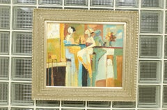 Magnifique peinture abstraite Art déco « Ladies Sharing Cocktails », vers 1930