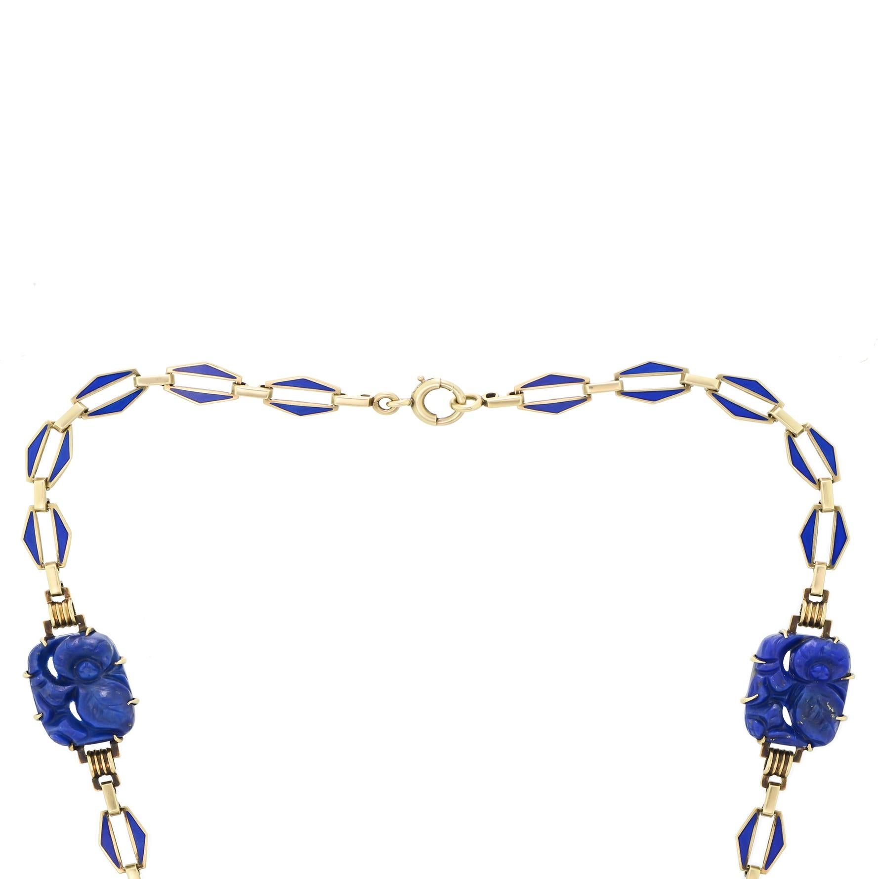 Women's Alluring Art Deco Carved Lapis, Blue Enamel and 14 Karat Yellow Gold Necklace For Sale