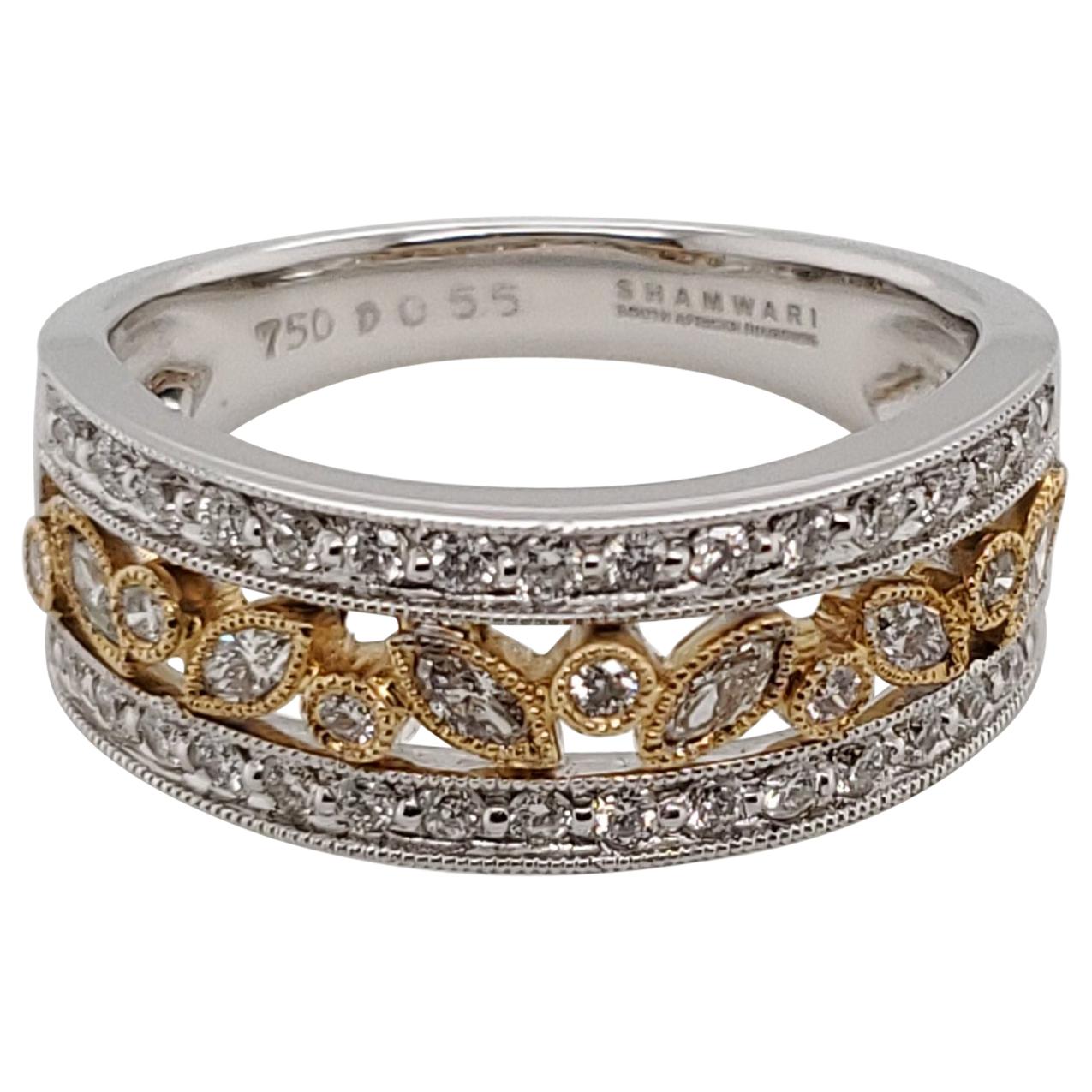 Alluring Half Eternity Marquise Dress Ring Set in 18 Karat White and Yellow Gold For Sale
