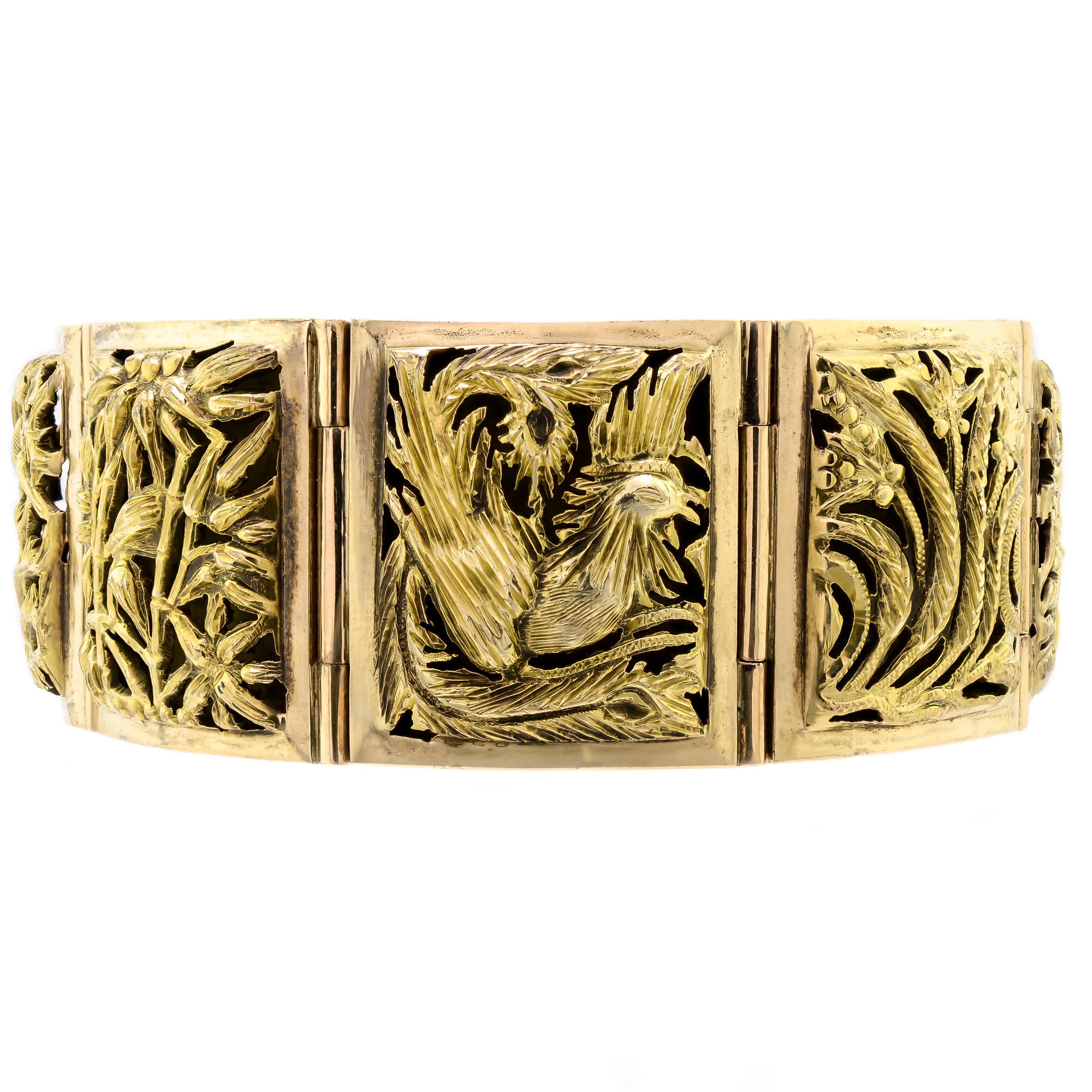 Beautiful mid-century 14kt yellow gold chinoiserie flexible bracelet consisting of eight (8) square yellow gold plaques with intricate panels with marvelous repoussé designs on each one invoking Chinese themes. Each square panel has a different