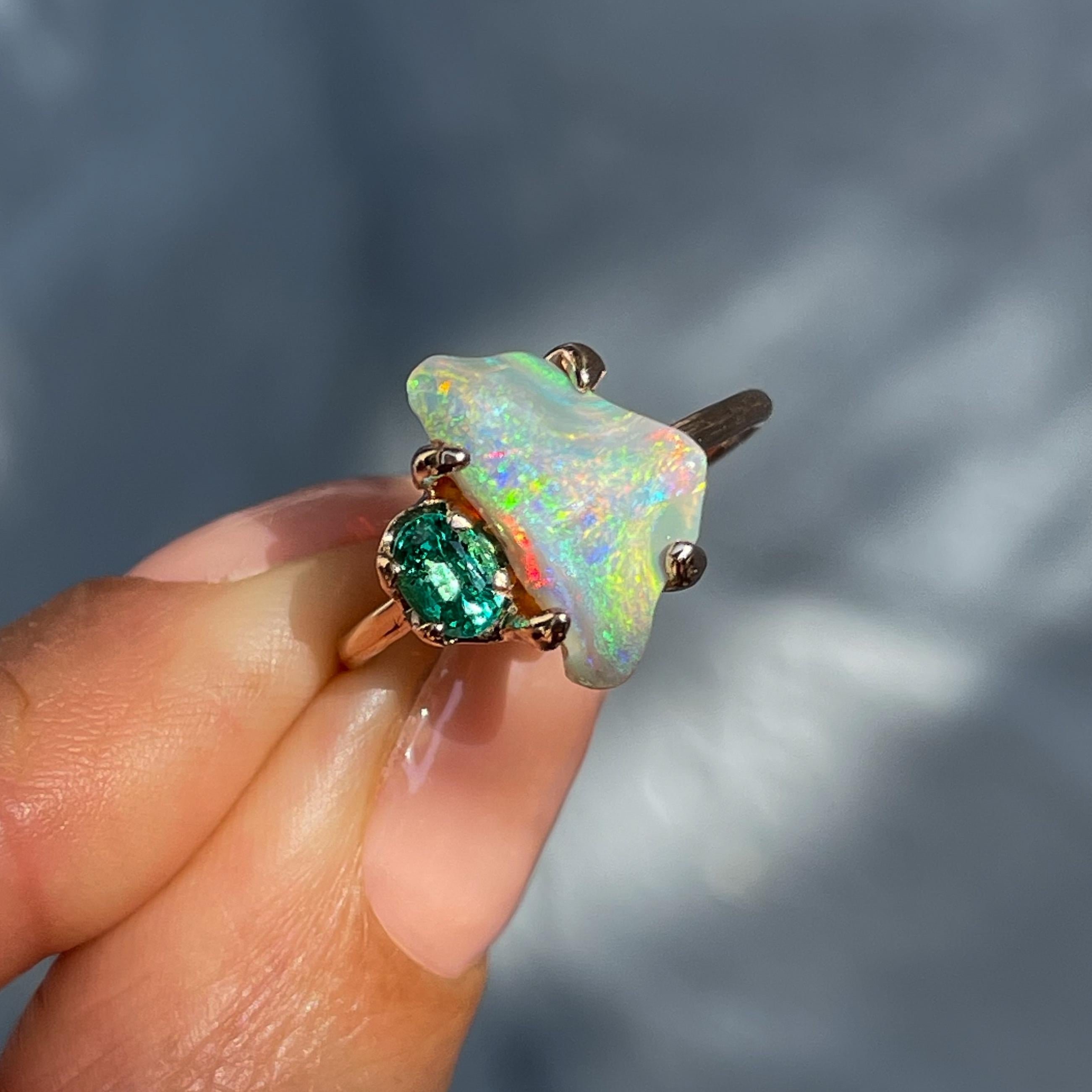 Alluvial Bloom Opal and Emerald Ring in Rose Gold by NIXIN Jewelry For Sale 4