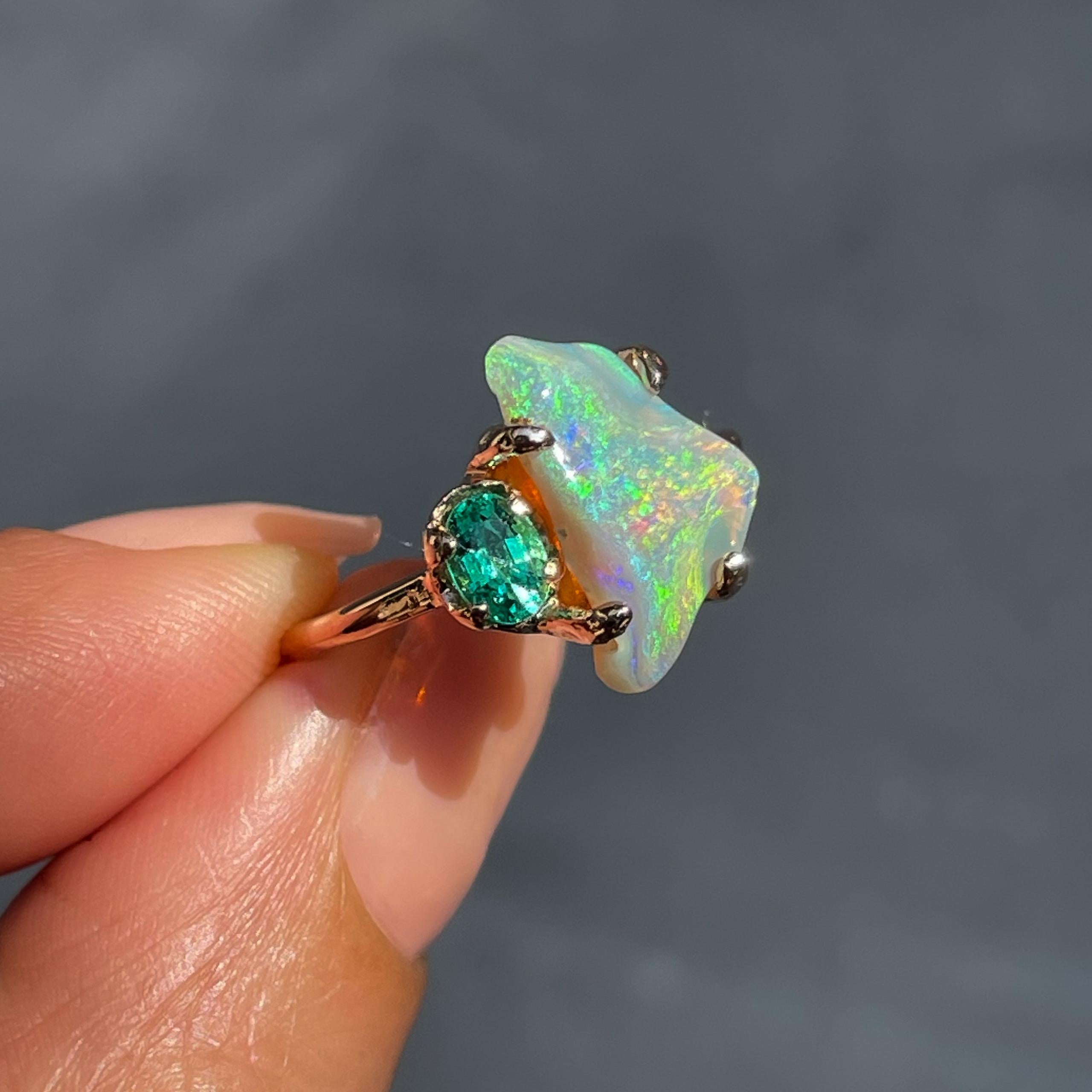 Contemporary Alluvial Bloom Opal and Emerald Ring in Rose Gold by NIXIN Jewelry For Sale
