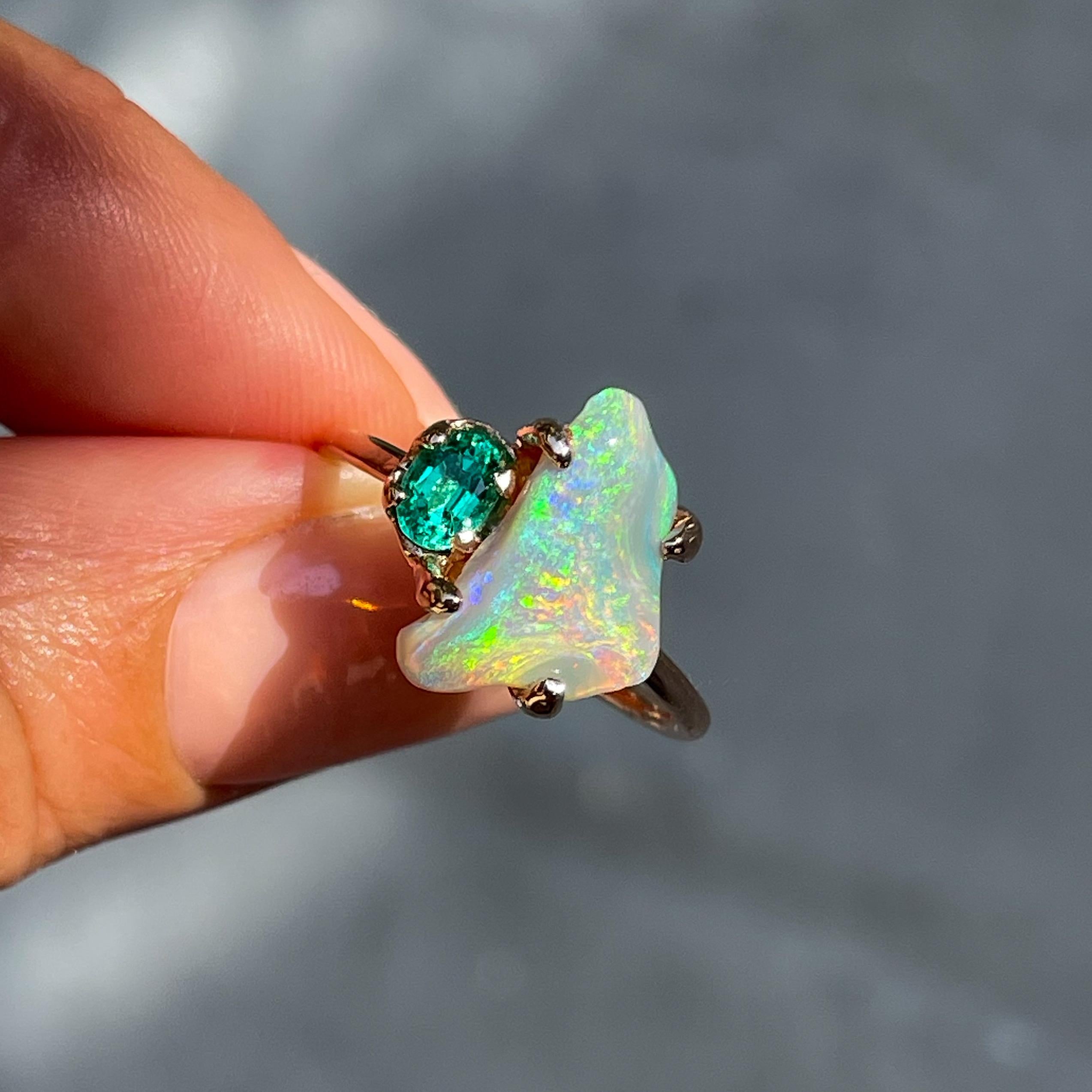 Oval Cut Alluvial Bloom Opal and Emerald Ring in Rose Gold by NIXIN Jewelry For Sale