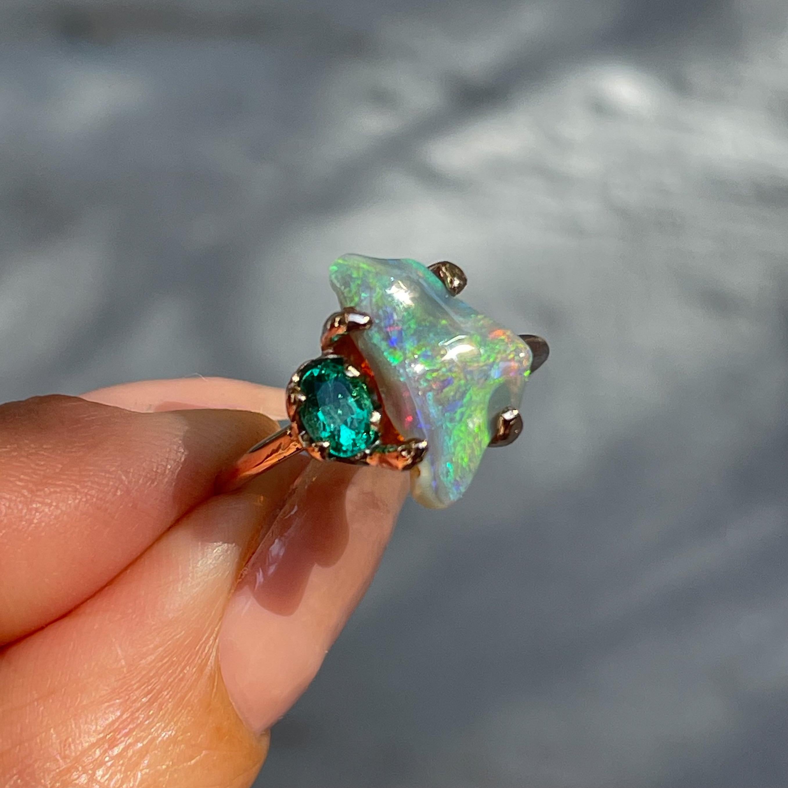 Alluvial Bloom Opal and Emerald Ring in Rose Gold by NIXIN Jewelry For Sale 3