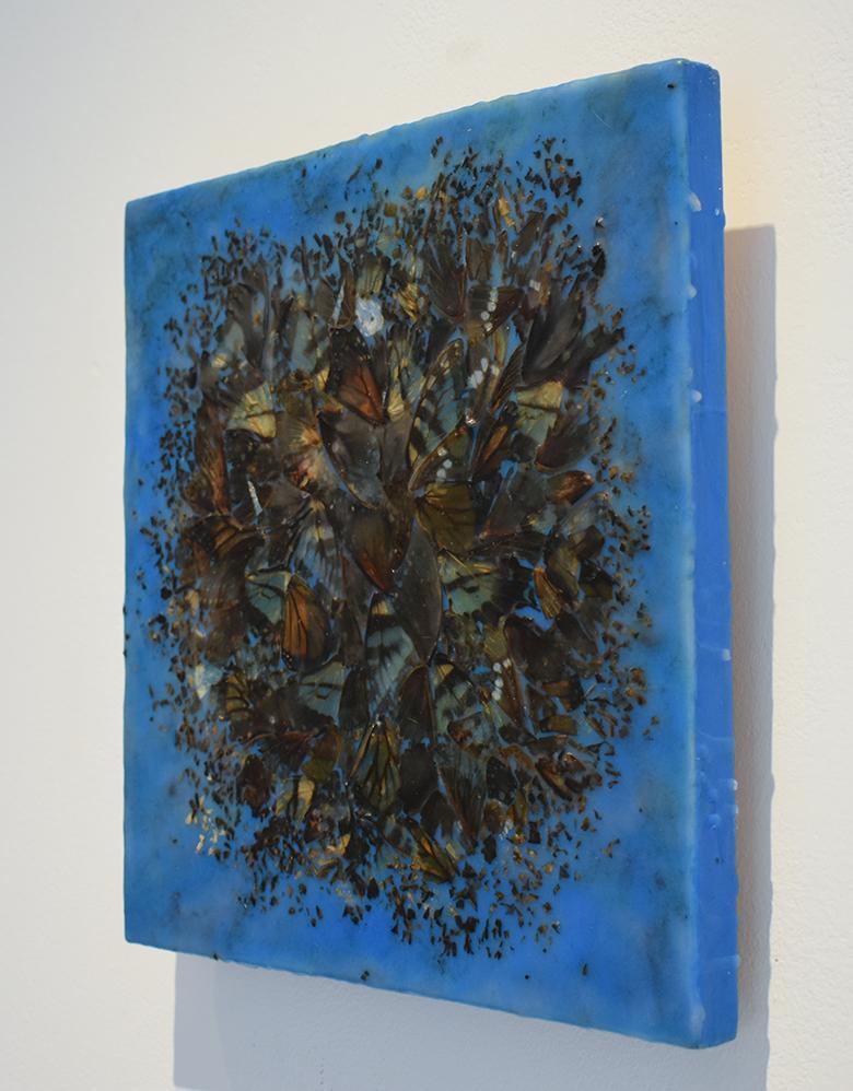 Cacophony 2 (Blue Abstract Motif of Butterfly Wings and Encaustic on Panel) For Sale 1