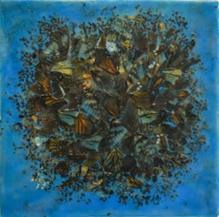 Cacophony 2 (Blue Abstract Motif of Butterfly Wings and Encaustic on Panel)