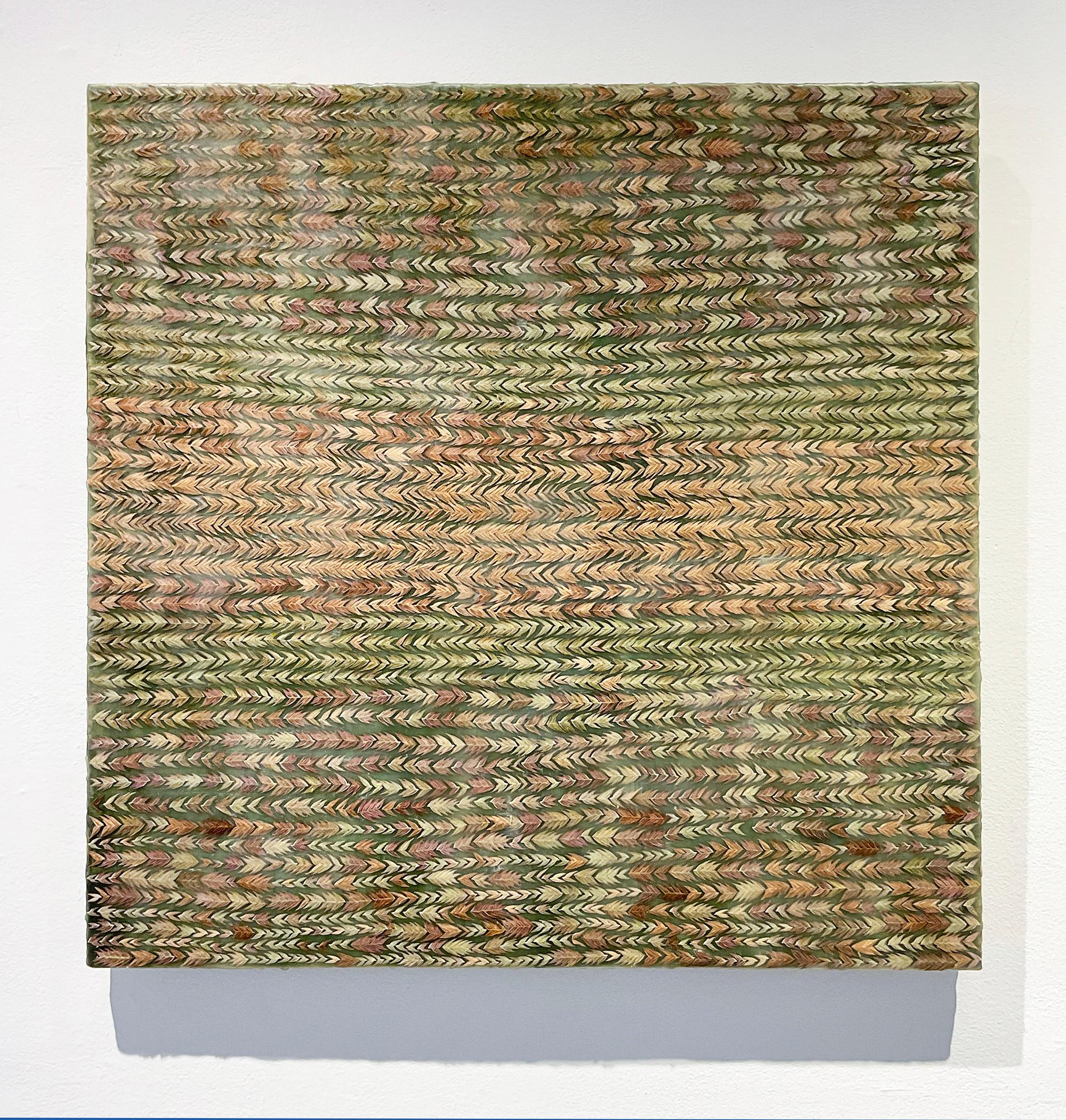 Abstract encaustic painting with a green, earth toned palette.
Made with natural plant material (Northern Sea Oats)
