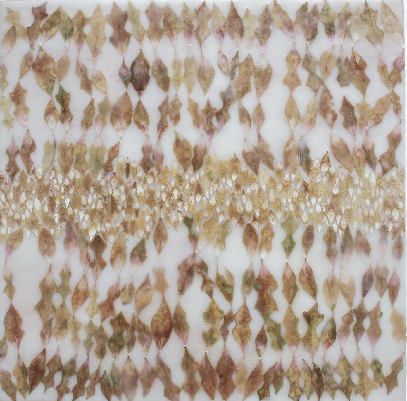 Euphorbic 15 (Abstract Encaustic Painting with Beige & Green Leaves on White)