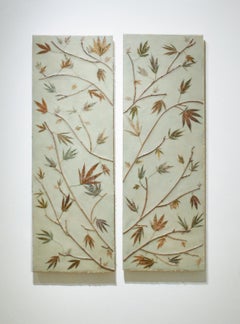 Happanese: Pintura encáustica abstracta de hojas de cáñamo sobre verde menta claro