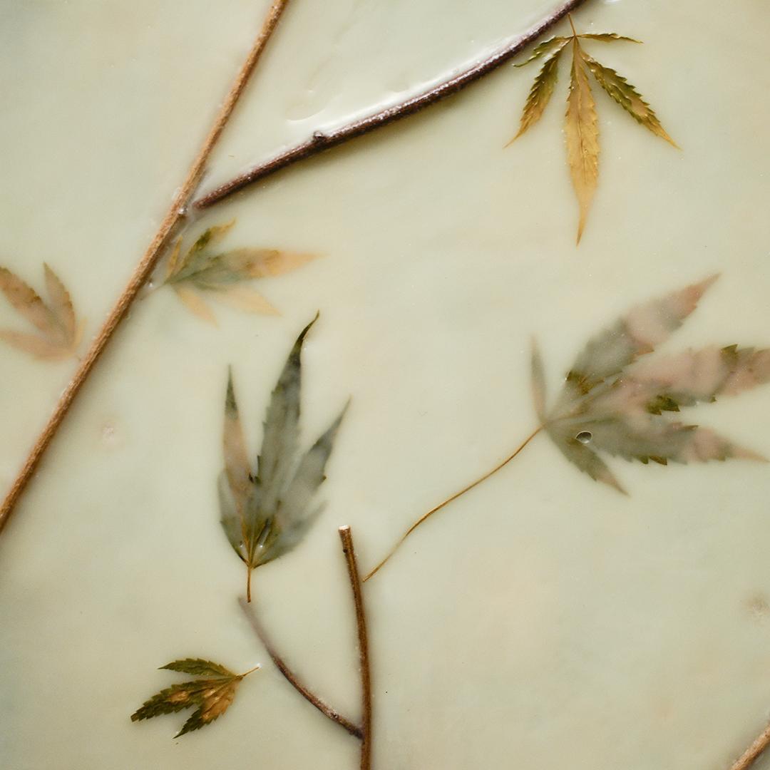 Happanese: Abstract Encaustic Painting of Hemp Leaves on Light Mint Green - Beige Abstract Painting by Allyson Levy