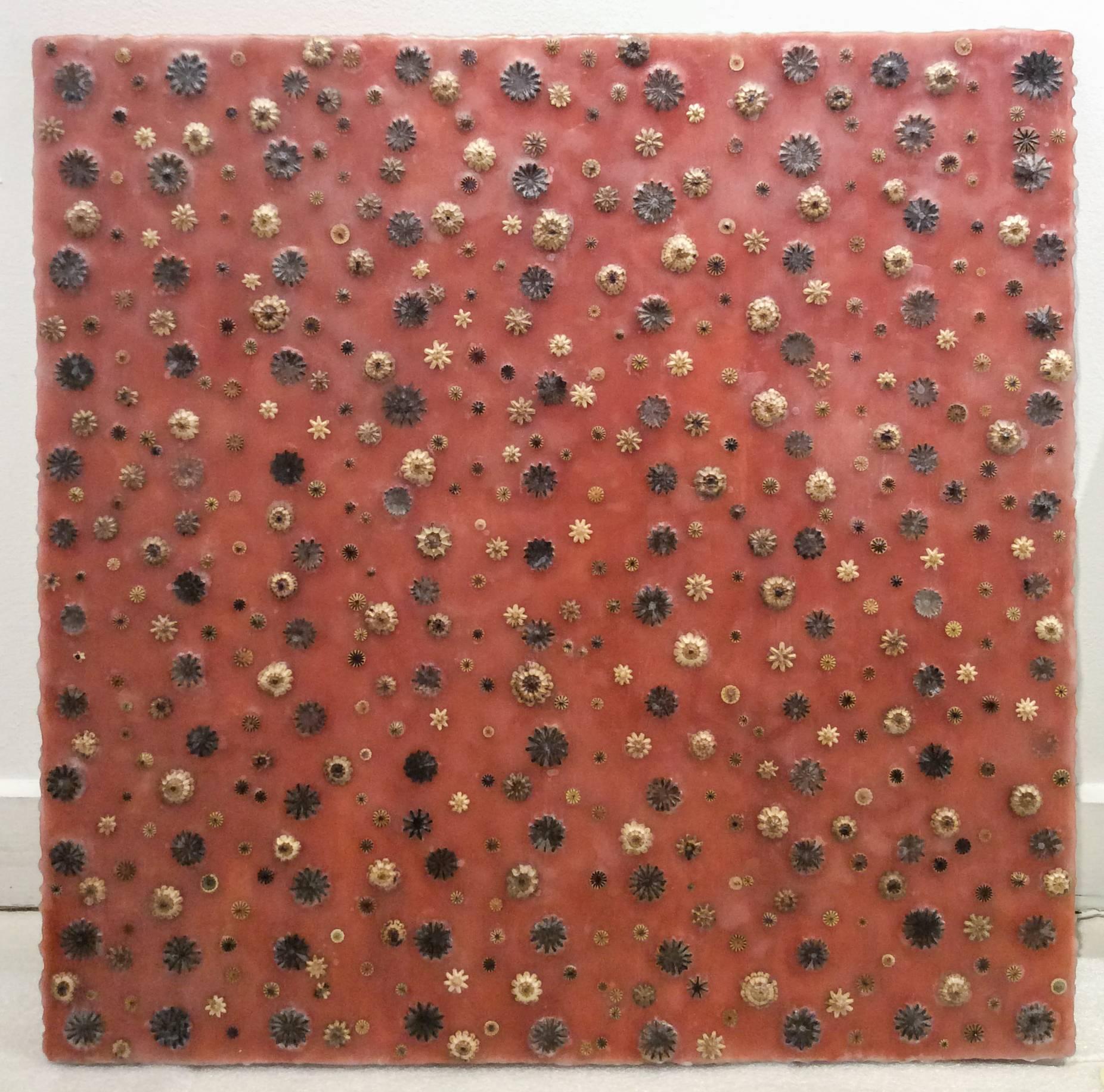 Poppying In & Out (Abstract Encaustic Painting on Panel of Poppy Pods on Red)  - Brown Abstract Painting by Allyson Levy