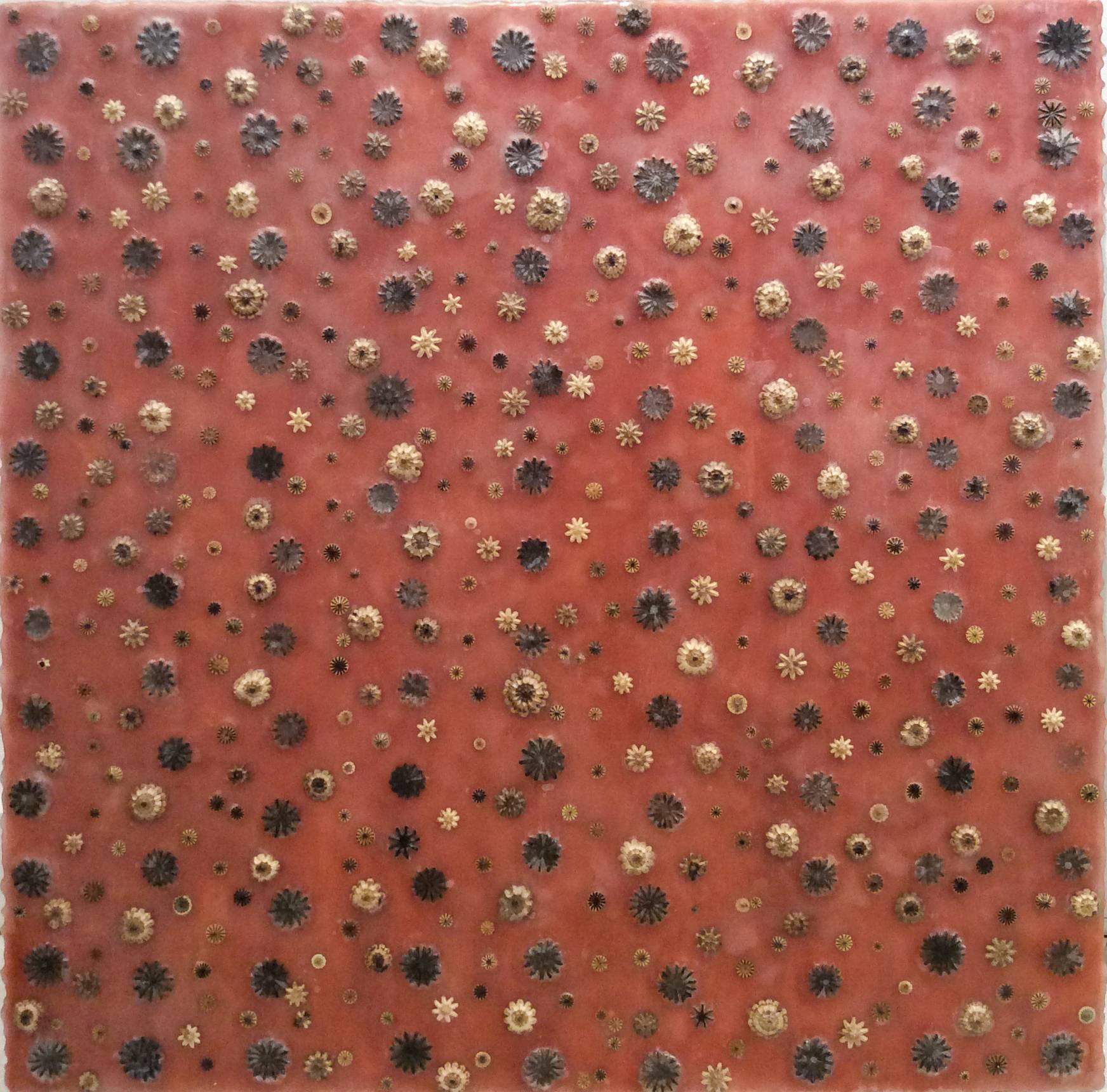 Allyson Levy Abstract Painting - Poppying In & Out (Abstract Encaustic Painting on Panel of Poppy Pods on Red) 