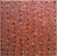 Poppying In & Out (Abstract Encaustic Painting on Panel of Poppy Pods on Red) 