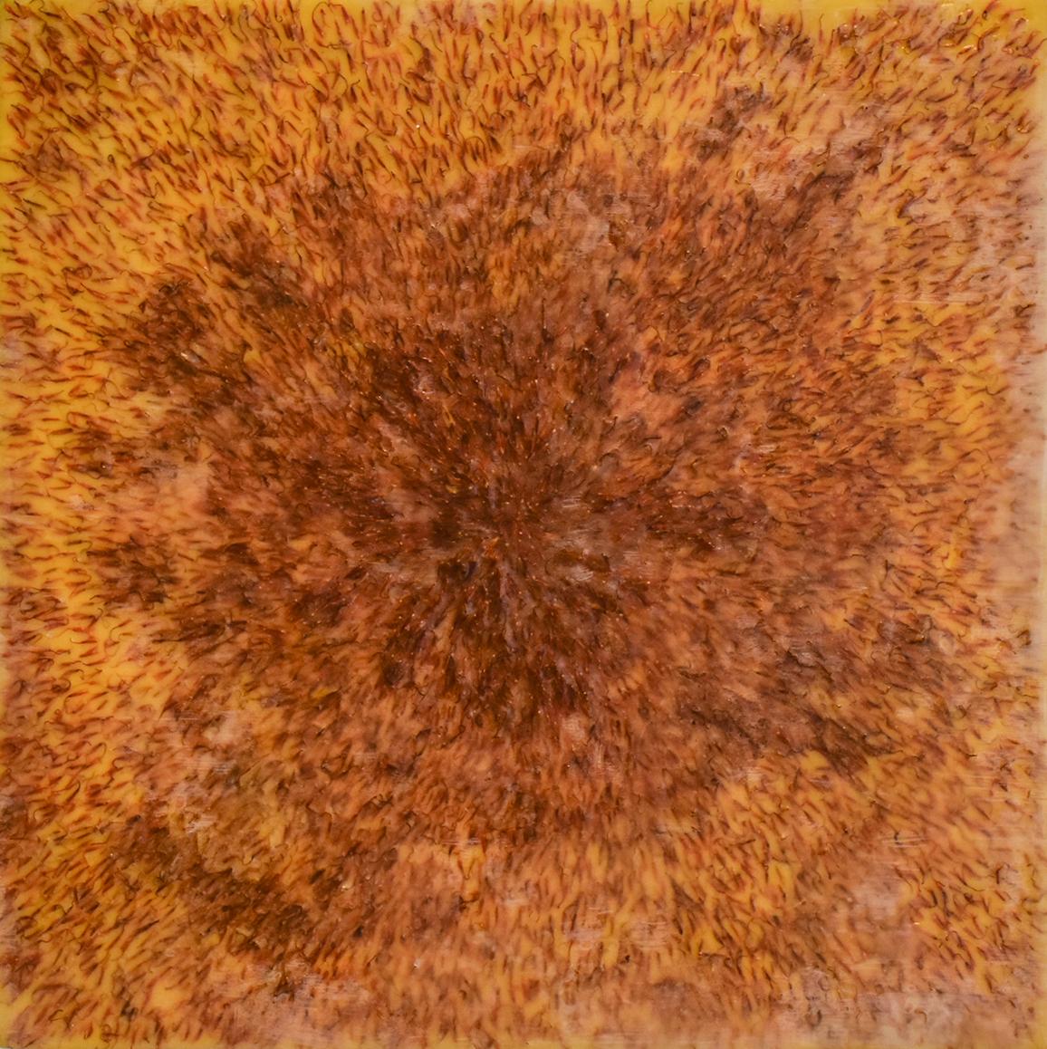 Safflower : Peinture à l'encaustique abstraite orange sang sur panneau avec fibres de safran