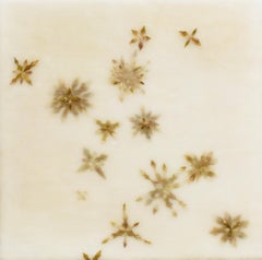Snow Flowers 8: Abstract Encaustic Painting of Green Petals on Beige Background