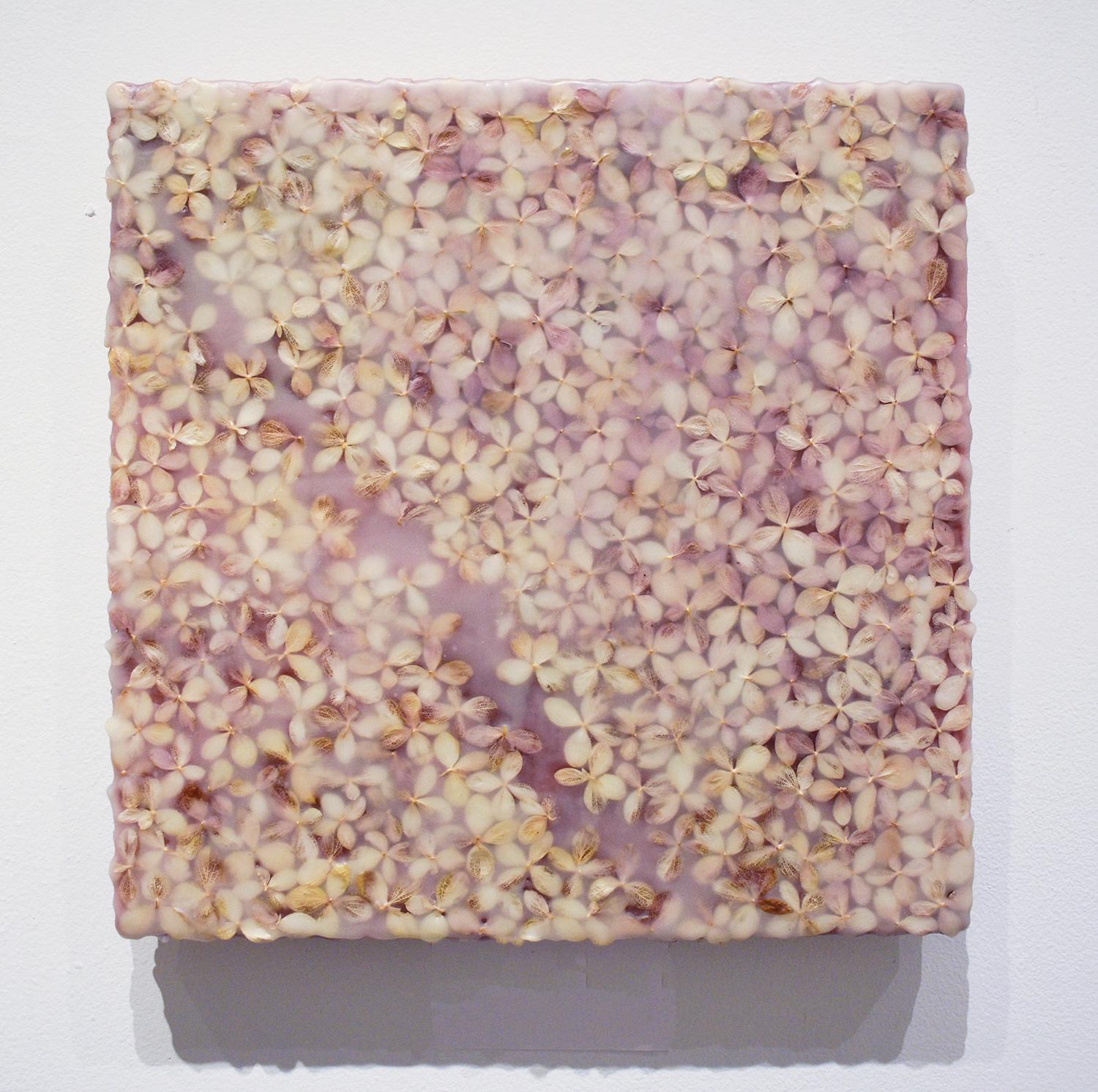 Tattery (Abstract Cream and Lilac Purple Encaustic Painting w/ Hydrangea Petals)