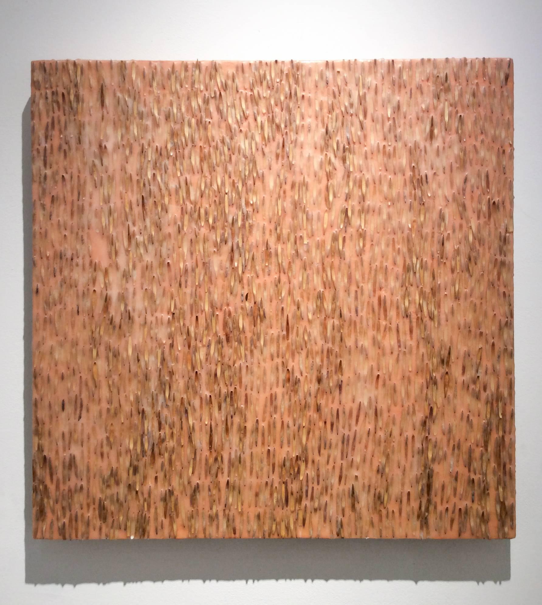 Abstract encaustic painting with dark brown and beige ash keys against a light orange background
24 x 24 x 1.5 inches 

This modern abstract encaustic painting by Allyson Levy is made with assorted beige and light brown ash keys encased in a layer