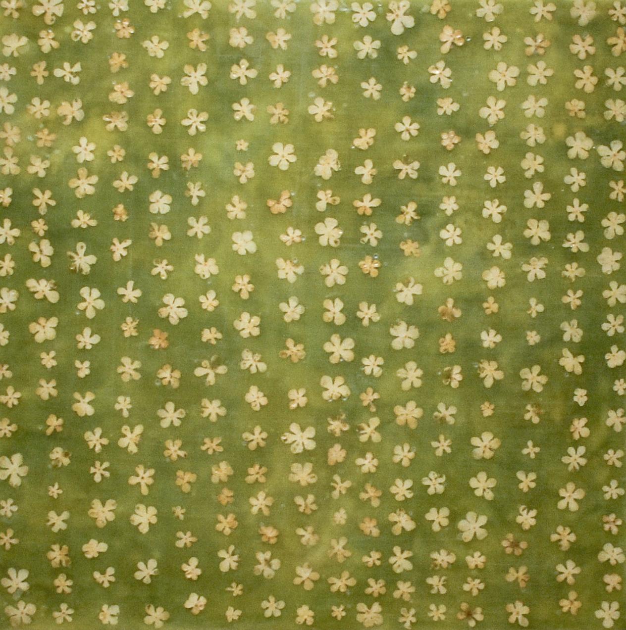 Abstract Painting Allyson Levy - Wallpaper 2 : peinture à l'encaustique abstraite verte représentant des pétales de fleurs jaunes sur panneau