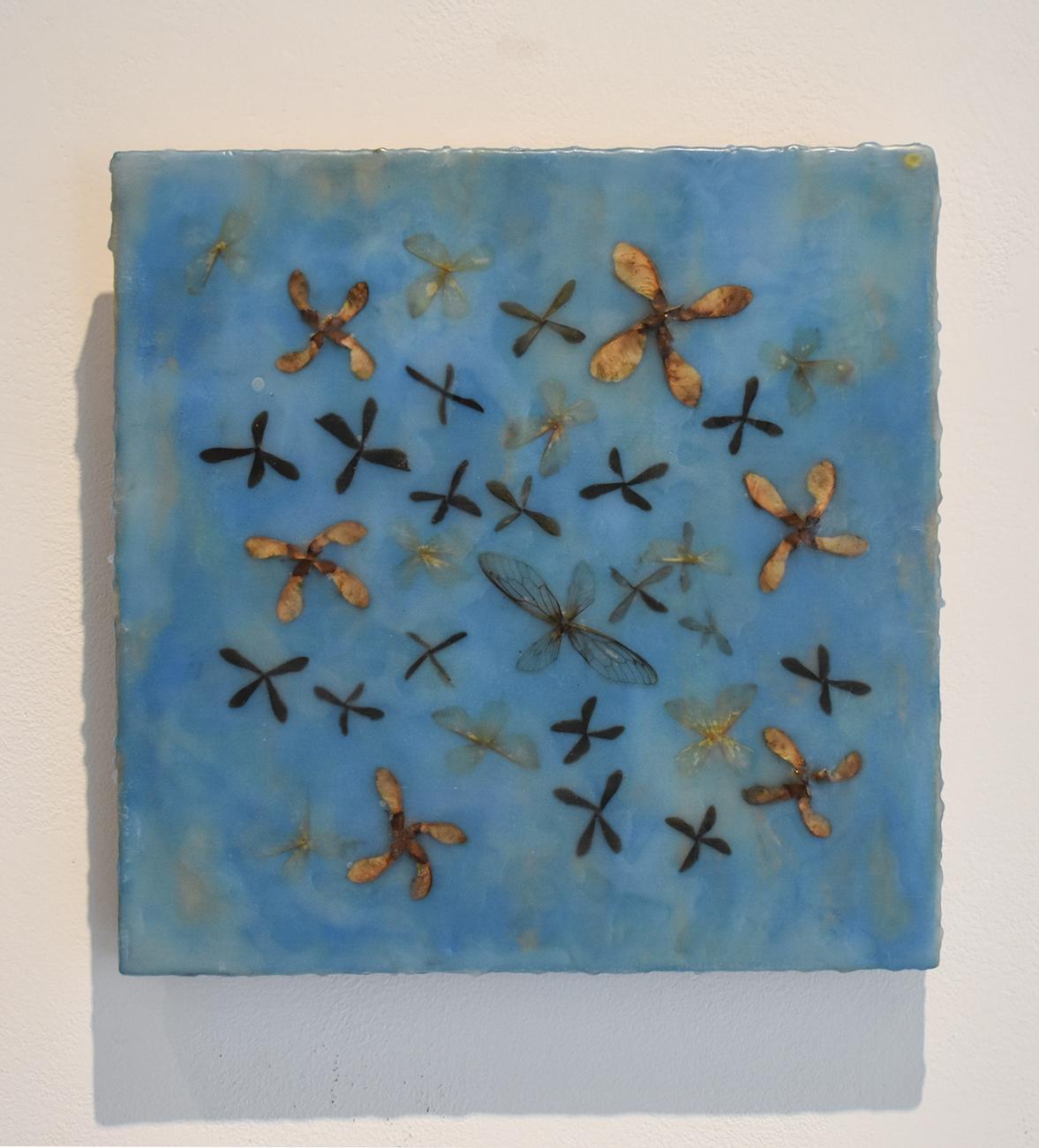 Abstract mixed media encaustic painting, blue encaustic with natural material including maple leaves and insect wings on wood panel 
12 x 12 x 1.5 inches, ready to hang as is
Sturdy d-ring is on the back for installation
Artist's signature is