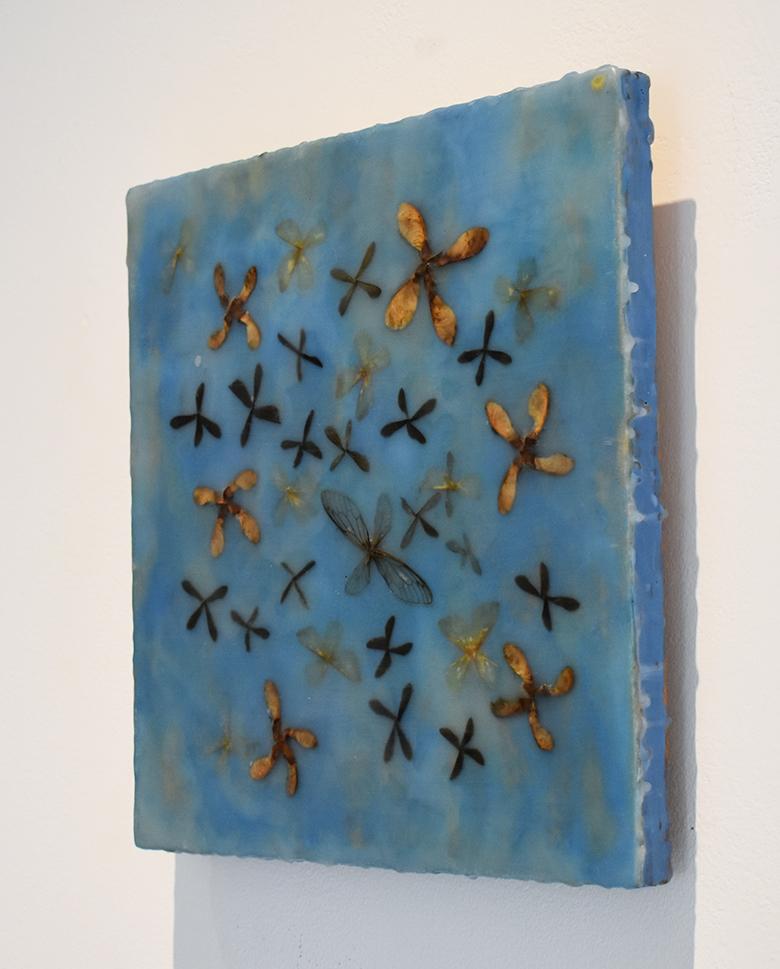 Wings and Maple: Abstract Blue Encaustic Painting with Natural Mixed Material  1