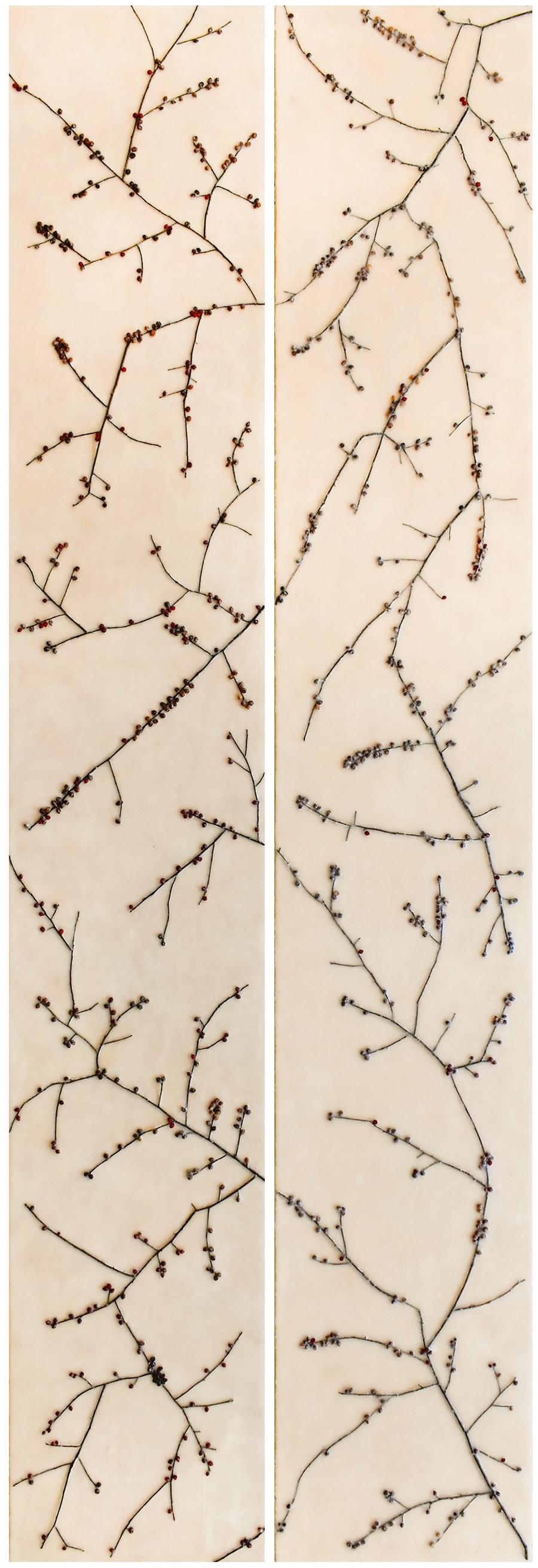 Abstract encaustic painting with brown branches with dark red berries against a light beige background
