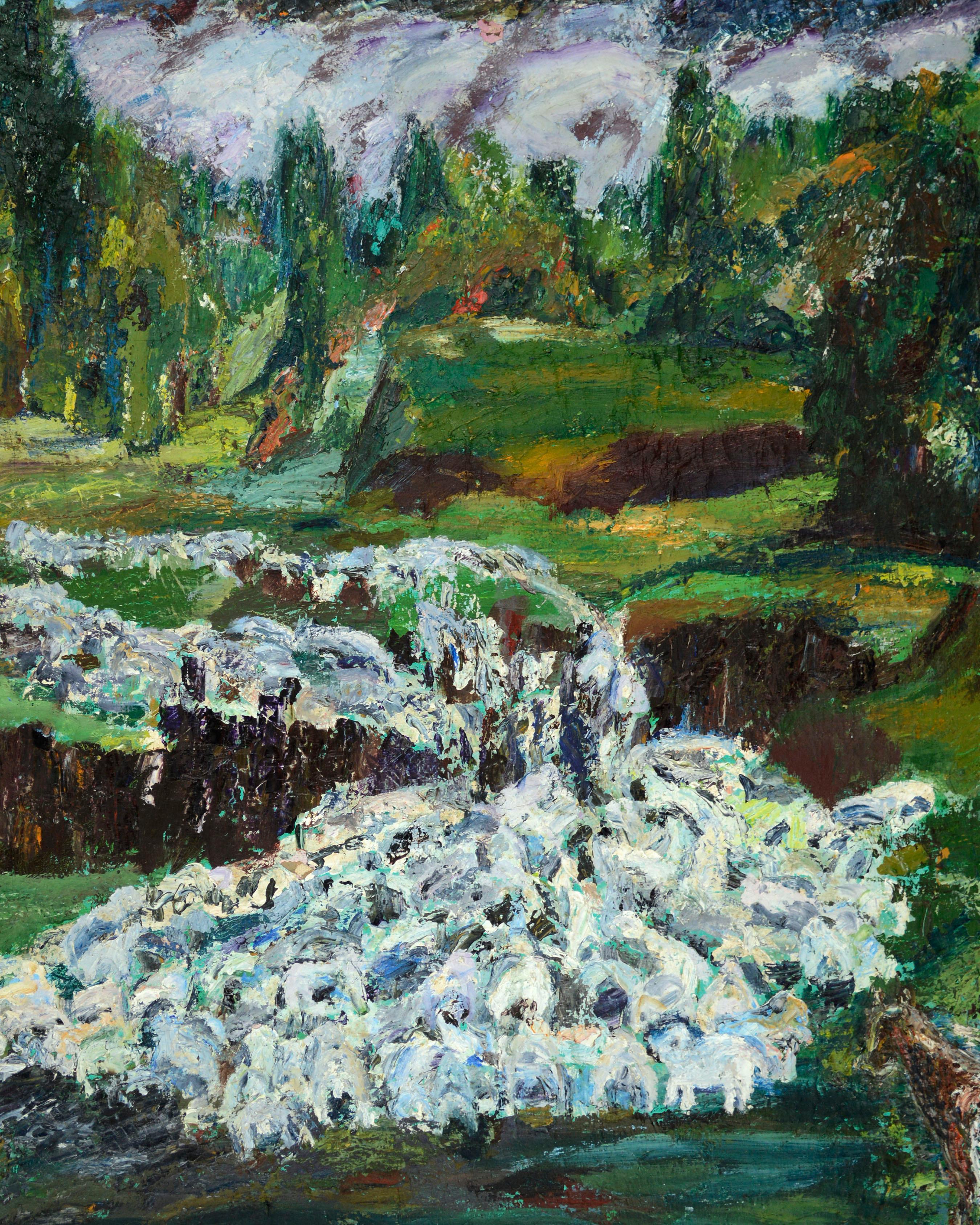 Flock of Sheep, Mid Century Abstract Expressionist Figurative Landscape  - Painting by Alma B Leamey