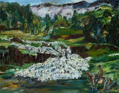 Rebaño de ovejas, paisaje figurativo expresionista abstracto de mediados de siglo