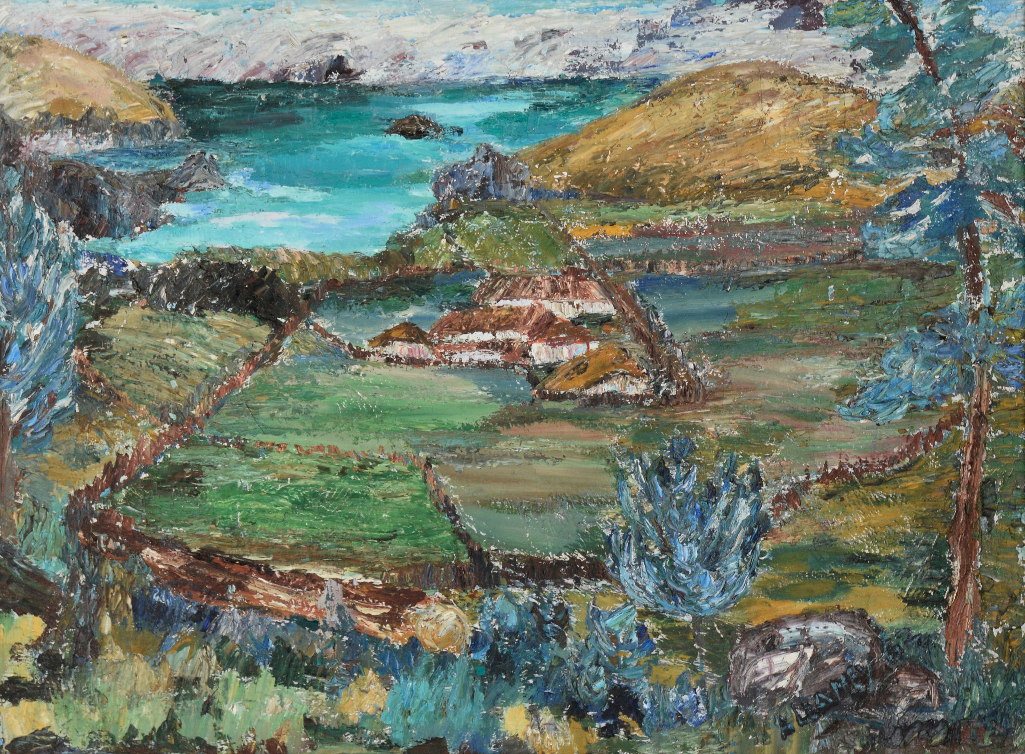 Looking Down at the Ranch, Abstract Expressionist Landscape  - Painting by Alma B. Leamey
