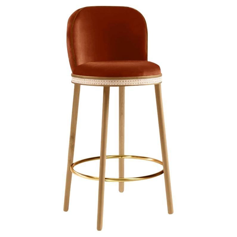 Alma Bar Stool, Natural Oak/Polished Brass/Fire