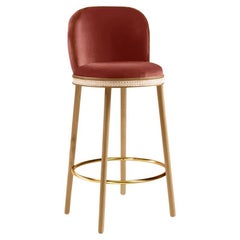Alma Bar Stool, Natural Oak/Polished Brass/Peach
