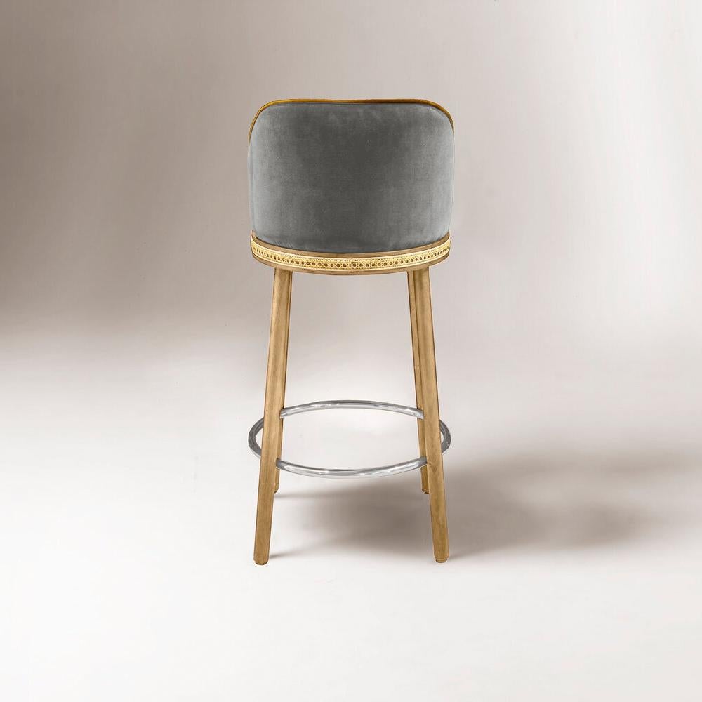 Modern Alma Bar Stool, Natural Oak/Polished Nickel/Fog For Sale