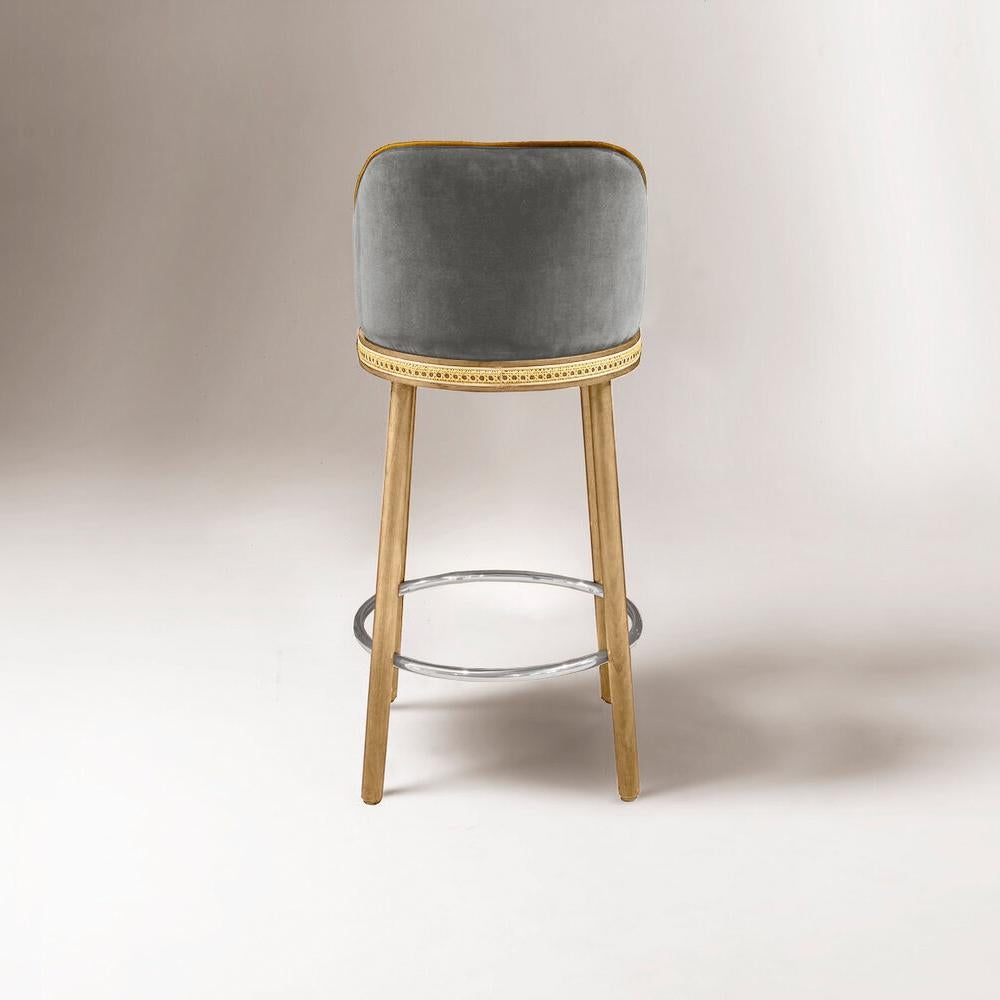 Modern Alma Bar Stool, Natural Oak/Polished Nickel/Fog For Sale