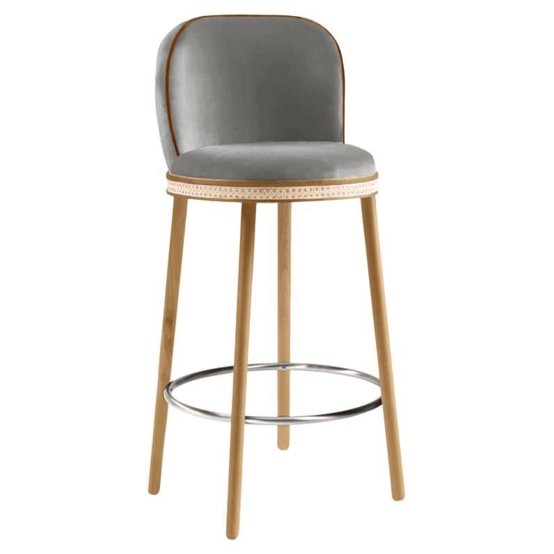 Alma Bar Stool, Natural Oak/Polished Nickel/Fog