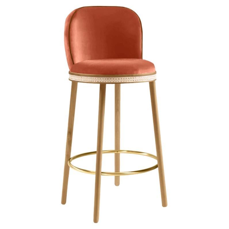 Alma Bar Stool, Natural Oak/Satin Brass/Papaye For Sale