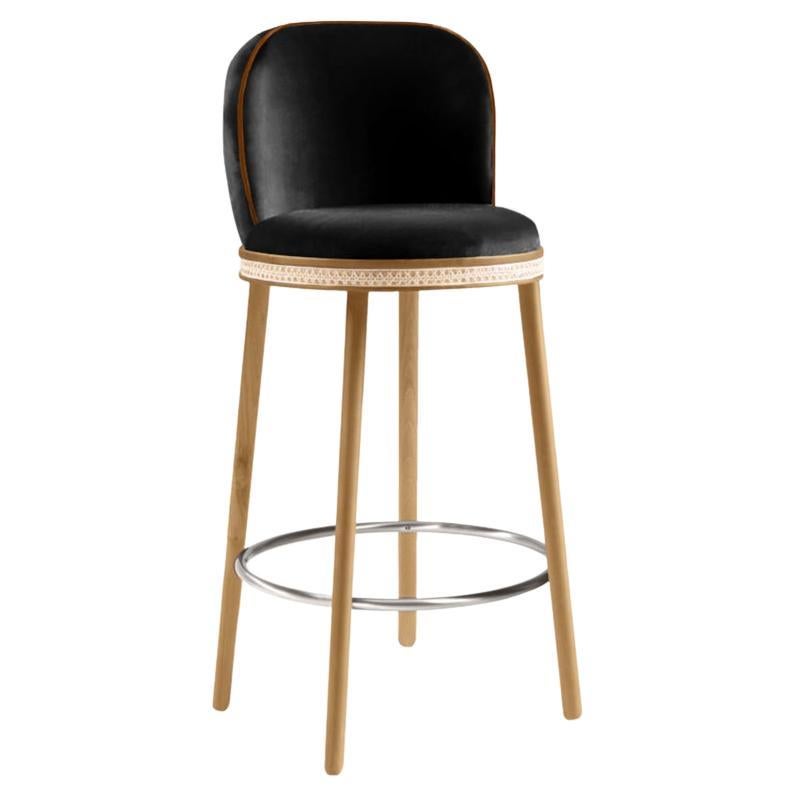 Alma Bar Stool, Natural Oak/Satin Nickel/Black For Sale