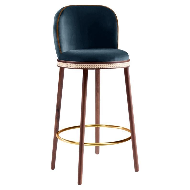 Alma Bar Stool, Natural Walnut/Polished Brass/Mediterrantee For Sale