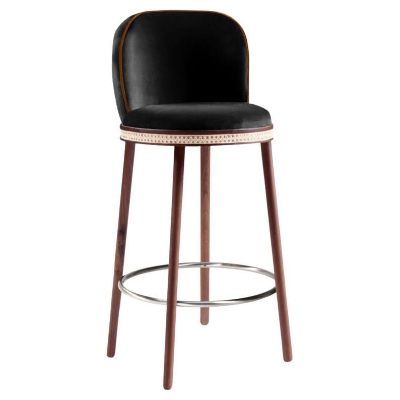 Alma Bar Stool, Natural Walnut/Polished Nickel/Black For Sale