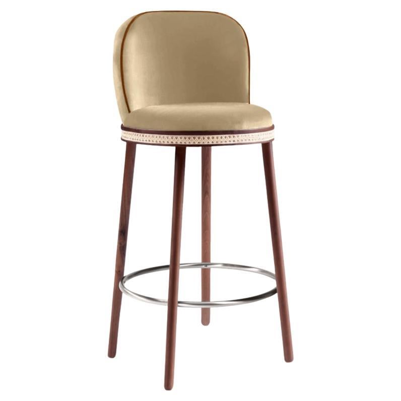 Alma Bar Stool, Natural Walnut/Polished Nickel/Dune For Sale