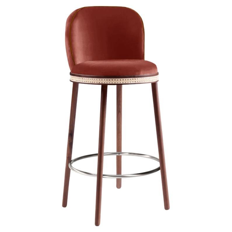 Tabouret de bar Alma, noyer naturel/nickel poli/pêche