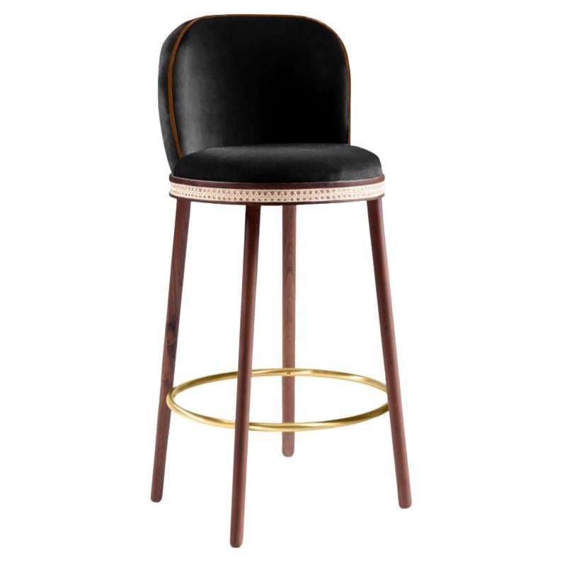 Alma Bar Stool, Natural Walnut/Satin Brass/Black For Sale