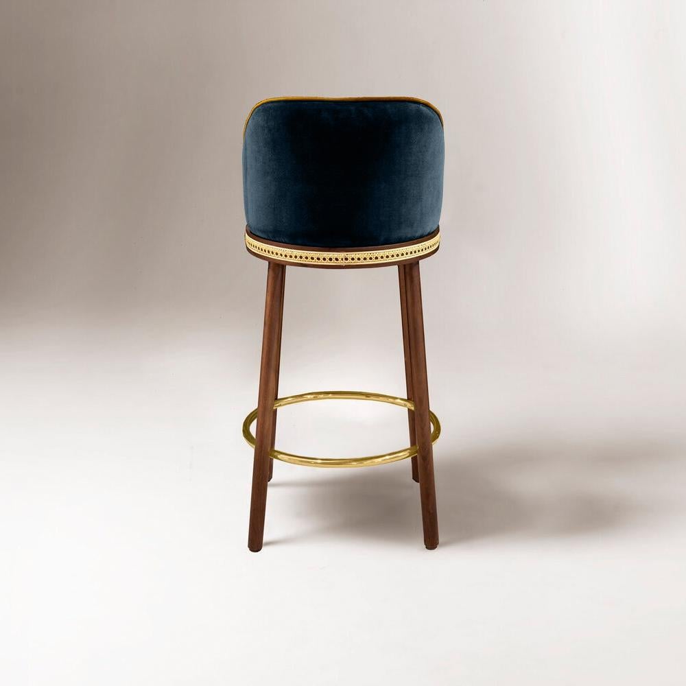 Modern Alma Bar Stool, Natural Walnut/Satin Brass/Mediterranee For Sale