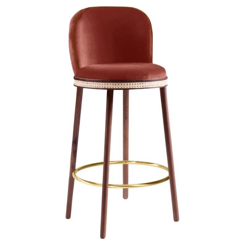 Alma Bar Stool, Natural Walnut/Satin Brass/Peach For Sale