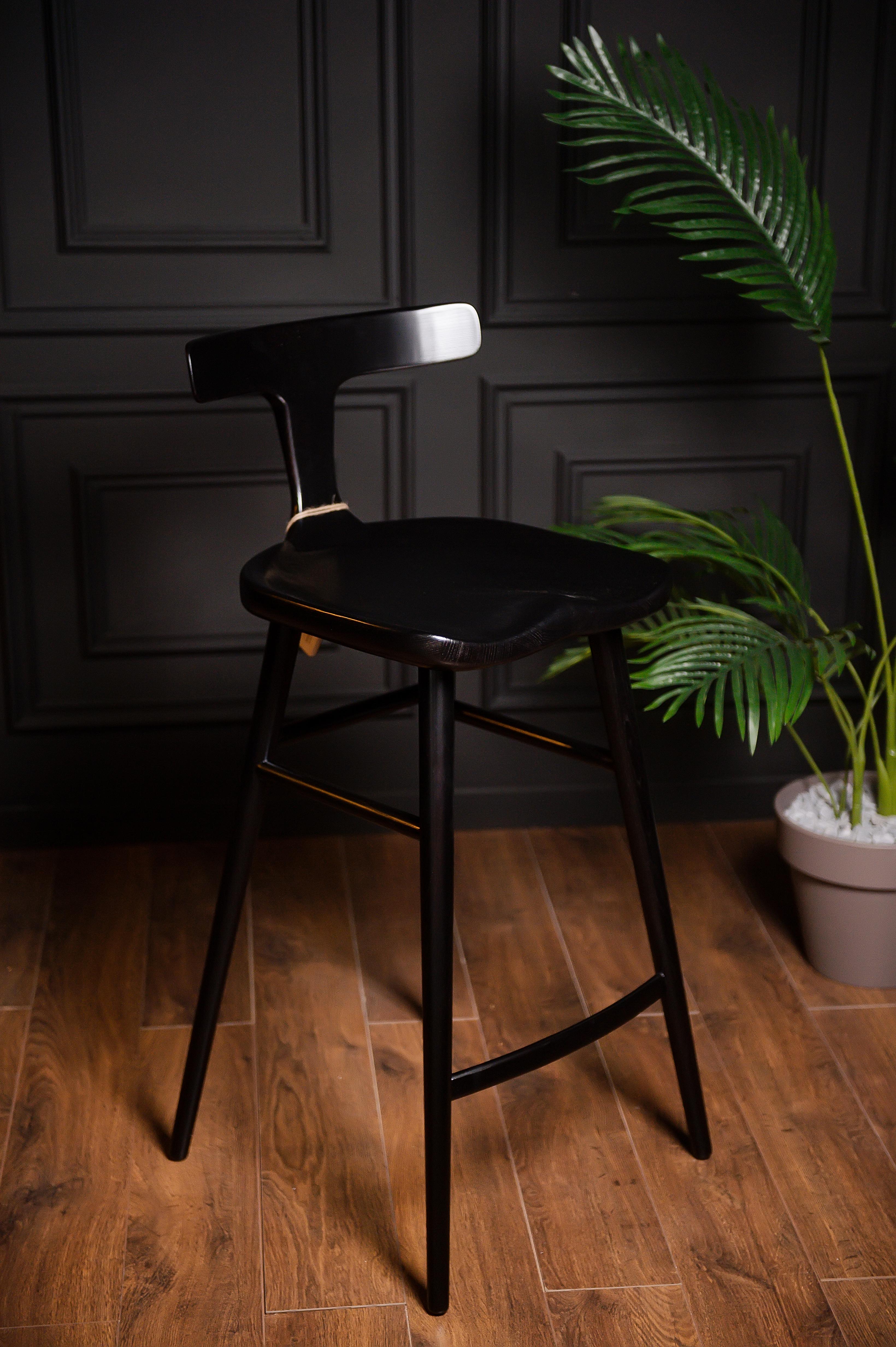 Contemporary Alma Black Solid Wood Bar Chairs with Back For Sale