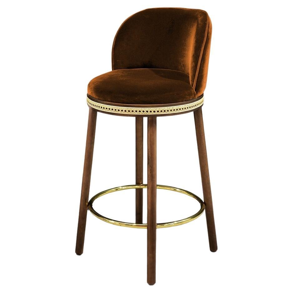 DOOQ Mid-Century Modern Counter Chair Alma with Brown Velvet, Walnut and Brass