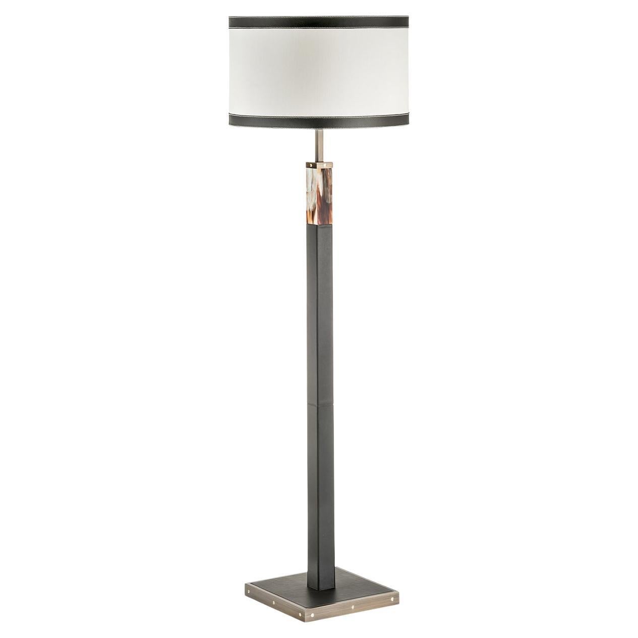 Alma Drum Black Floor Lamp with Horn Inlays For Sale