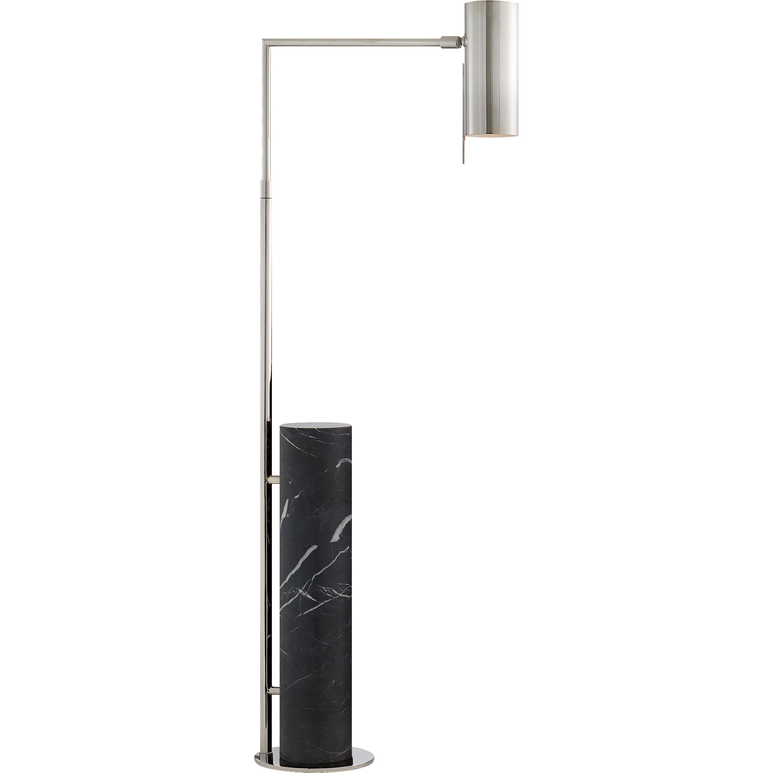 This Minimalist pharmacy floor lamp in antique burnished brass or polished nickel that is as functional as it is beautiful. The tubular shade on the adjustable arm hovers above a base of cylindrical marble. The lamp rotates 40 degrees; 20 degrees